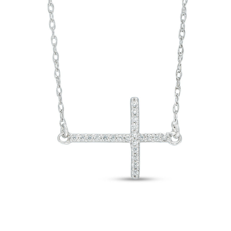 1/20 CT. T.W. Diamond Sideways Cross Necklace in 10K White Gold