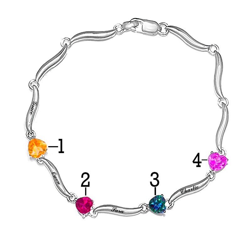 Main Image 2 of Mother's 5.0mm Heart-Shaped Birthstone Wavy Family Bracelet in Sterling Silver (4 Stones and Names)