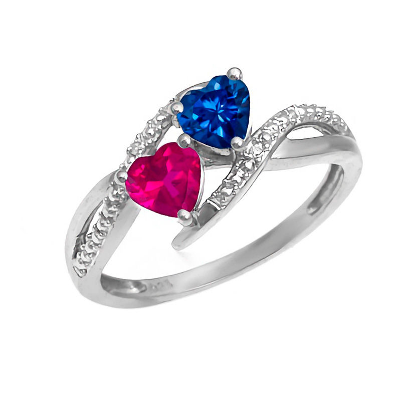 Main Image 1 of Couple's 5.0mm Heart-Shaped Birthstone and Diamond Accent Split Shank Ring in 10K Gold (2 Stones)