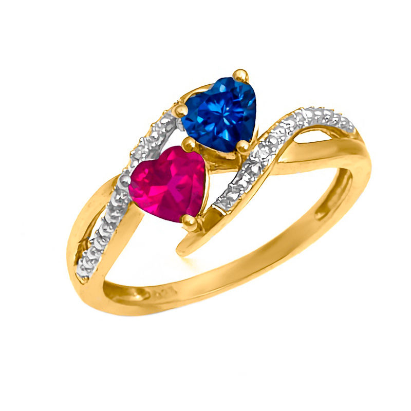 Main Image 2 of Couple's 5.0mm Heart-Shaped Birthstone and Diamond Accent Split Shank Ring in 10K Gold (2 Stones)