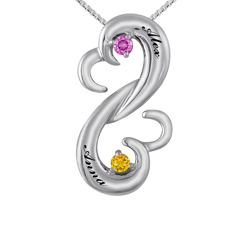 Open Hearts Family by Jane Seymour™ Couple's Birthstone Bypass Pendant in Sterling Silver (2 Stones and Names)