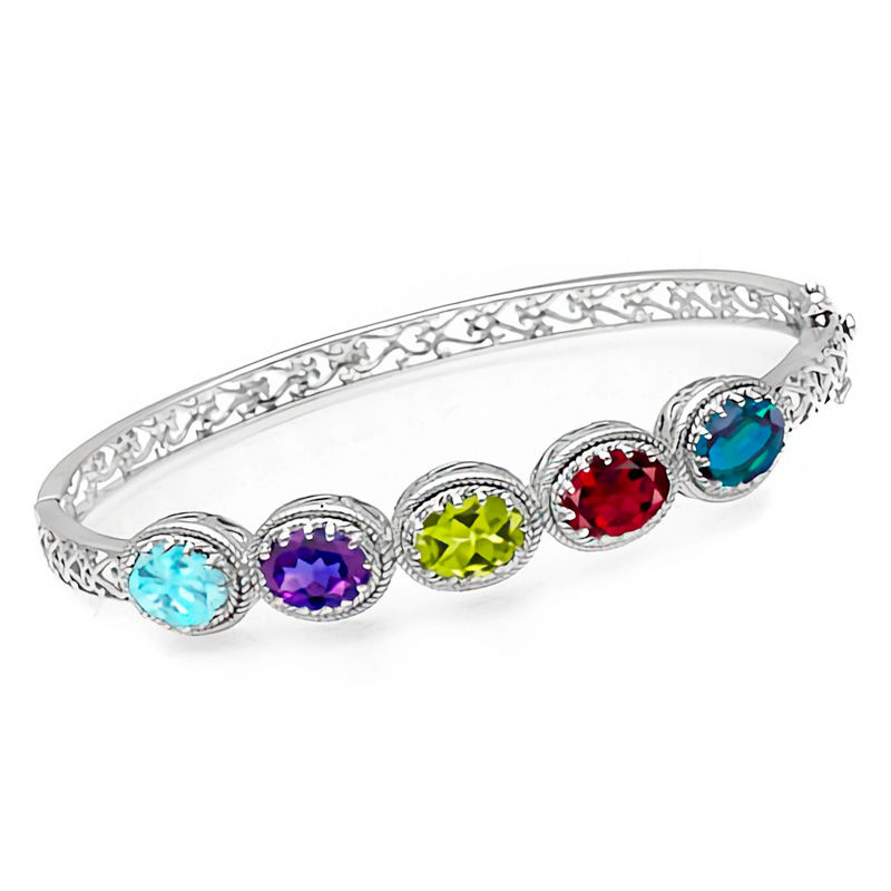 Main Image 1 of Mother's Oval Birthstone Bangle in Sterling Silver (5 Stones)
