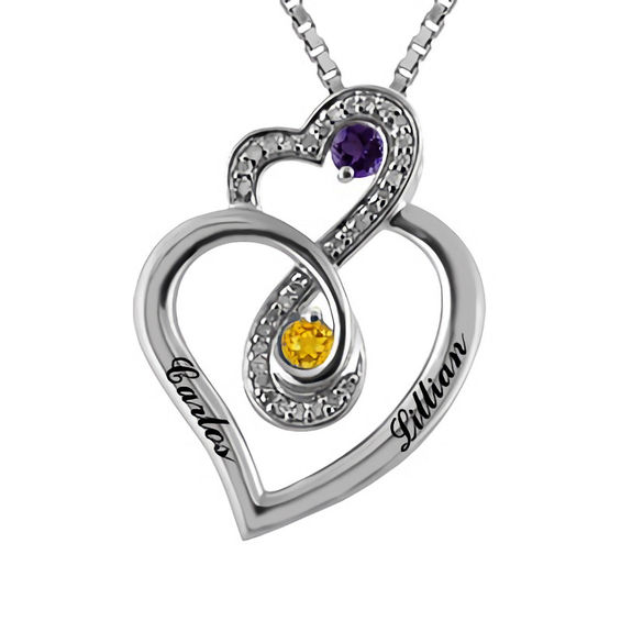 Birthstone and 1/10 CT. T.w. Diamond Heart-Shaped Infinity Pendant in Sterling Silver (2 Stones and Names)