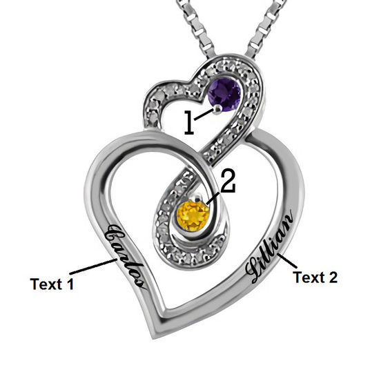 Birthstone and 1/10 CT. T.w. Diamond Heart-Shaped Infinity Pendant in Sterling Silver (2 Stones and Names)