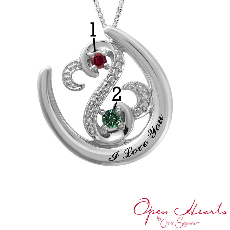 Open Hearts Family by Jane Seymour™ Couple's Birthstone Horseshoe Pendant in Sterling Silver (2 Stones and 1 Name)