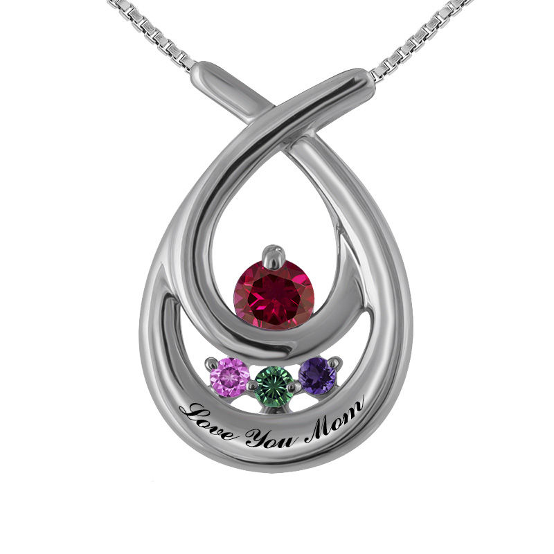 Main Image 1 of Mother's Birthstone Teardrop Pendant in Sterling Silver (4 Stones and 1 Name)