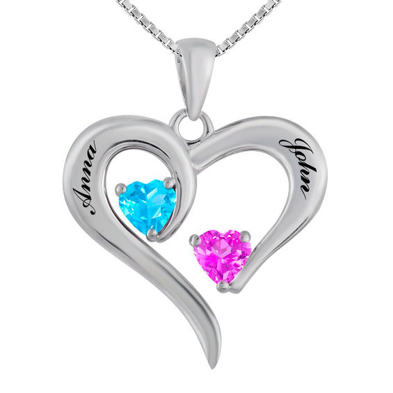 Couple's Birthstone Swirling Heart Pendant in 10K White or Yellow Gold (2 Stones and Names)