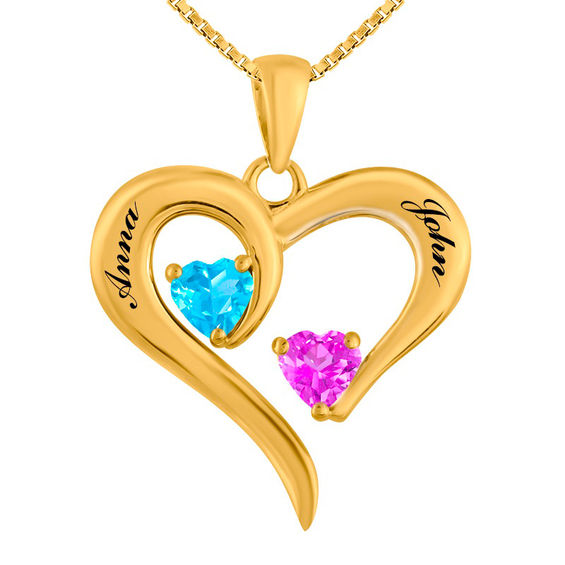 Couple's Birthstone Swirling Heart Pendant in 10K White or Yellow Gold (2 Stones and Names)