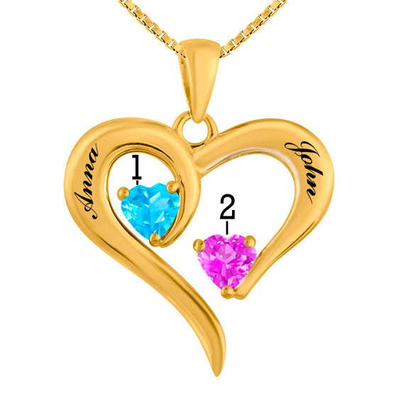 Couple's Birthstone Swirling Heart Pendant in 10K White or Yellow Gold (2 Stones and Names)