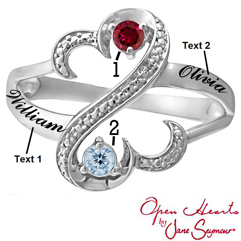 Open Hearts by Jane Seymour™ Couple's Birthstone and Diamond Accent Ring in Sterling Silver (2 Stones and Names)