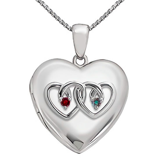 Couple's Birthstone Heart-Shaped Locket in Sterling Silver (2 Stones and Names) Couple's Birthstone Heart-Shaped Locket in Sterling Silver (2 Stones and Names)