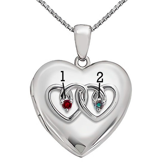 Couple's Birthstone Heart-Shaped Locket in Sterling Silver (2 Stones and Names)
