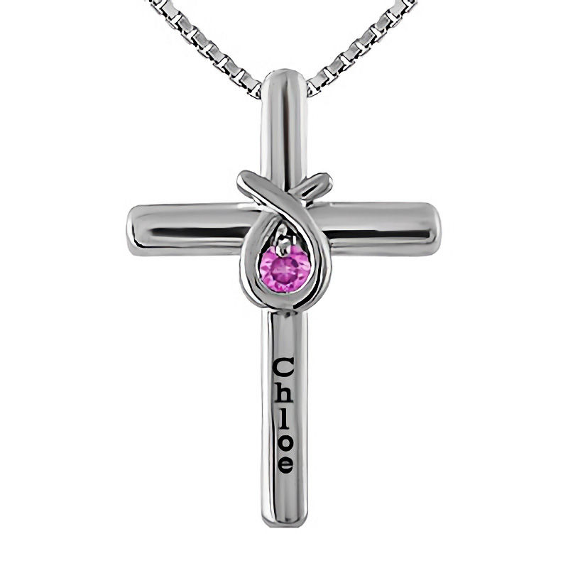 Personalized Birthstone Cross Pendant in Sterling Silver (1 Stone and Name)