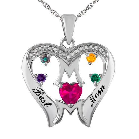 Birthstone Heart with Linear Mom Pendant in Sterling Silver (5 Stones and 2 Names)