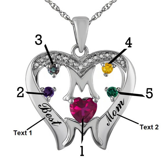 Birthstone Heart with Linear Mom Pendant in Sterling Silver (5 Stones and 2 Names)