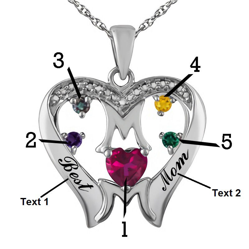 Main Image 2 of Birthstone Heart with Linear "MOM" Pendant in Sterling Silver (5 Stones and 2 Names)
