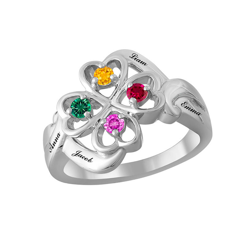 Mother's Birthstone Celtic-Style Clover Family Ring in Sterling Silver (4 Stones and Names)