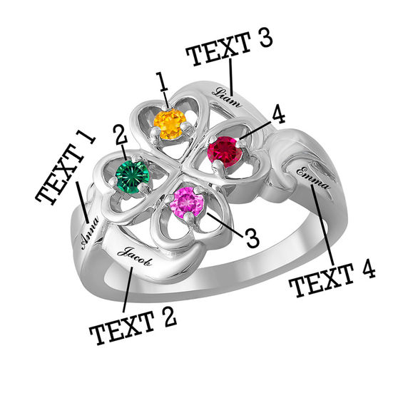 Mother's Birthstone Celtic-Style Clover Family Ring in Sterling Silver (4 Stones and Names)
