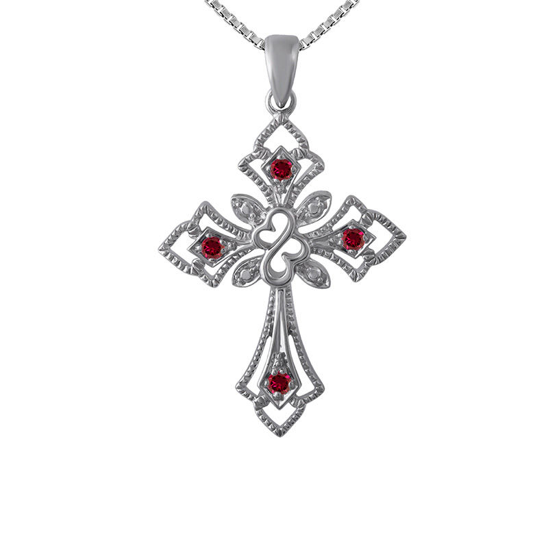 Main Image 1 of Open Hearts Family by Jane Seymour™ Birthstone Gothic-Style Cross Pendant in Sterling Silver (4 Stones)