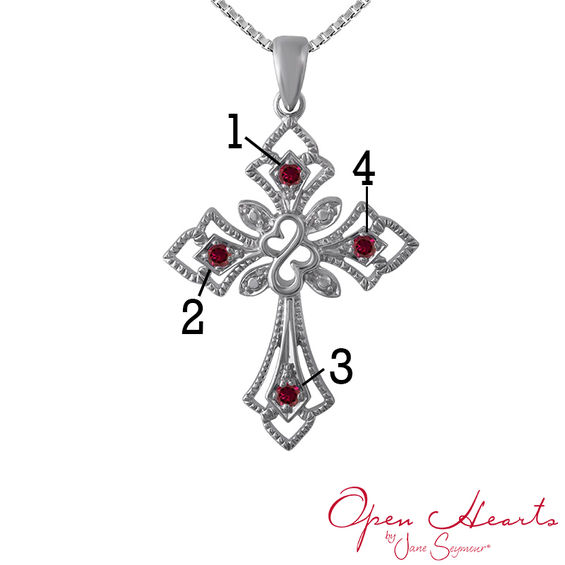 Open Hearts Family by Jane Seymourâ¢ Birthstone Gothic-Style Cross Pendant in Sterling Silver (4 Stones)