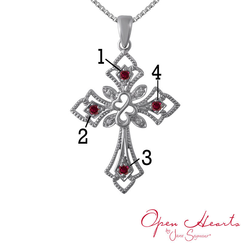 Main Image 3 of Open Hearts Family by Jane Seymour™ Birthstone Gothic-Style Cross Pendant in Sterling Silver (4 Stones)