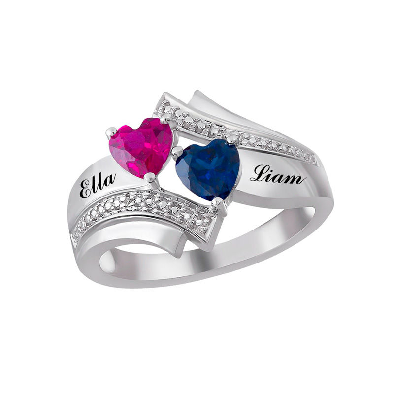 Main Image 1 of Couple's 5.0mm Heart-Shaped Birthstone and Diamond Accent Bypass Ring in 10K Gold (2 Stones and Names)