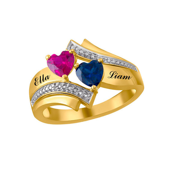 Couple's 5.0mm Heart-Shaped Birthstone and Diamond Accent Bypass Ring in 10K Gold (2 Stones and Names)