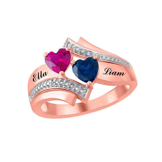 Couple's 5.0mm Heart-Shaped Birthstone and Diamond Accent Bypass Ring in 10K Gold (2 Stones and Names)