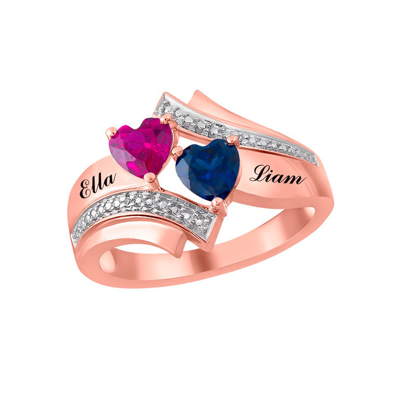 Main Image 3 of Couple's 5.0mm Heart-Shaped Birthstone and Diamond Accent Bypass Ring in 10K Gold (2 Stones and Names)