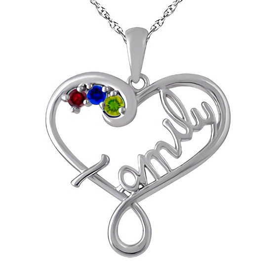 Mother's Birthstone Cursive "family" Heart Pendant in Sterling Silver (3 Stones)