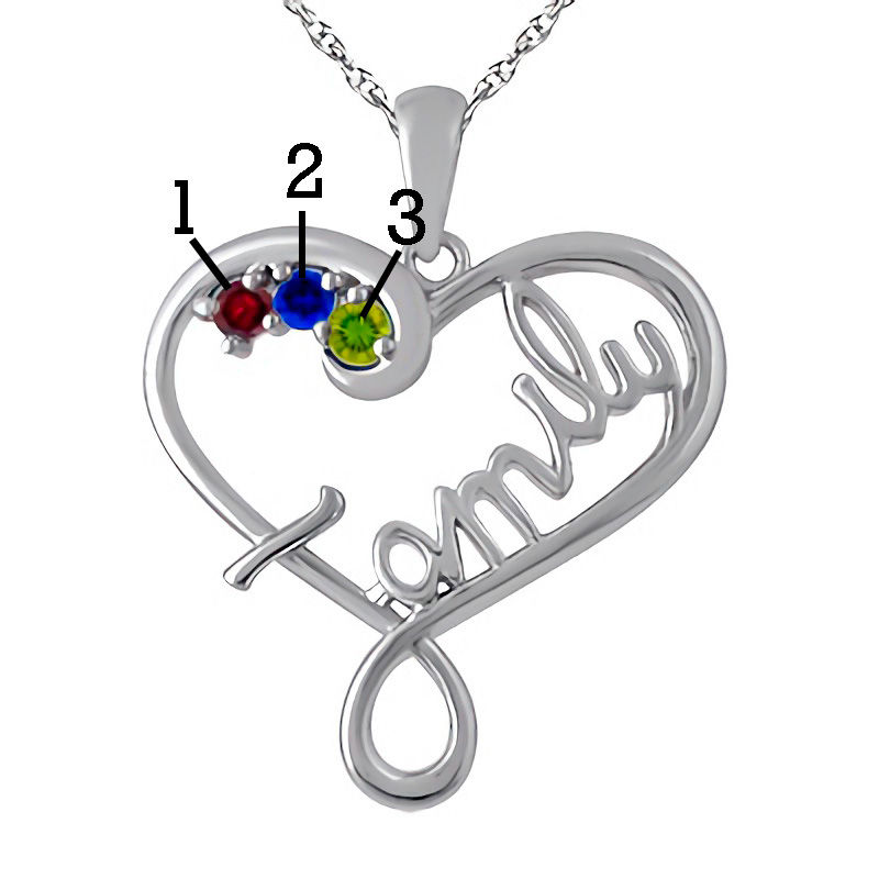 Main Image 2 of Mother's Birthstone Cursive "family" Heart Pendant in Sterling Silver (3 Stones)