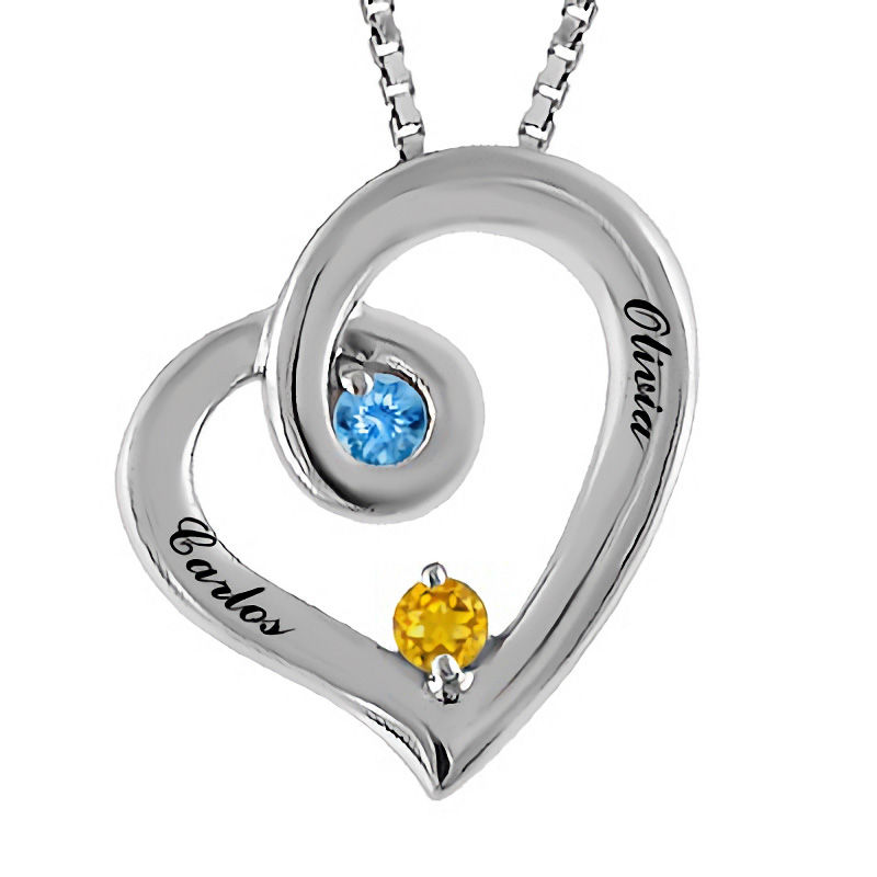 Mother's Birthstone Swirling Tilted Heart Pendant in Sterling Silver (2 Stones and Names)