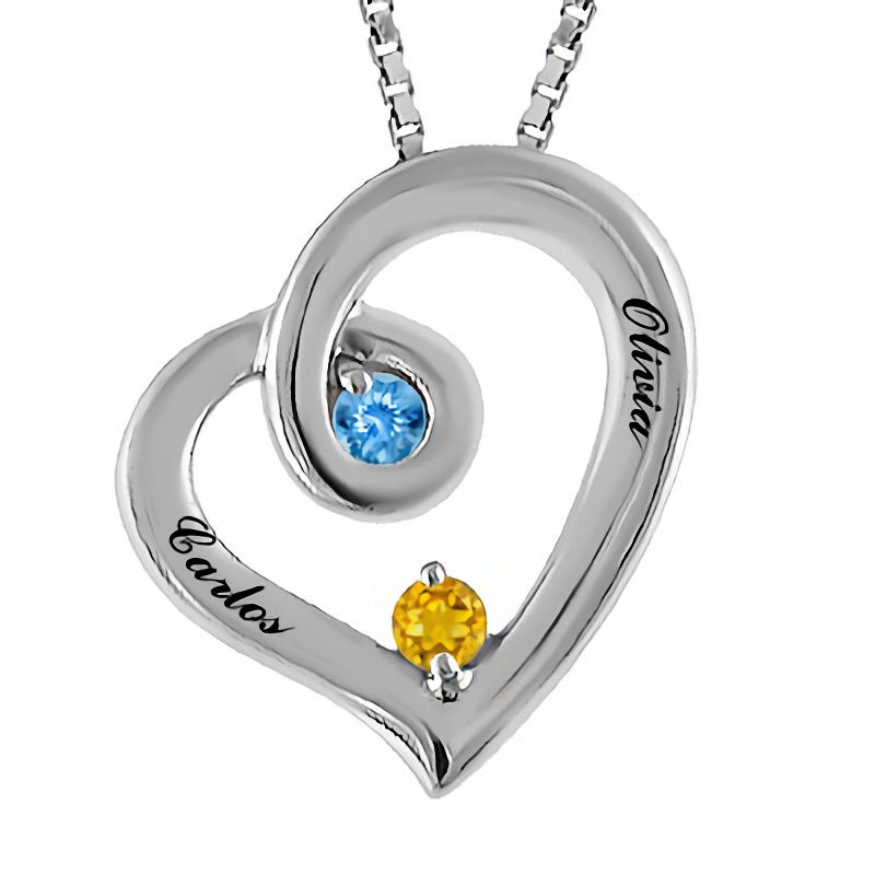 Main Image 1 of Mother's Birthstone Swirling Tilted Heart Pendant in Sterling Silver (2 Stones and Names)