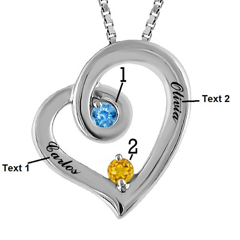 Mother's Birthstone Swirling Tilted Heart Pendant in Sterling Silver (2 Stones and Names)