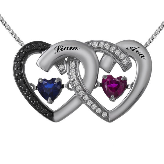 Unstoppable Loveâ¢ Couple's Birthstone and Diamond Accent Hearts Pendant in Sterling Silver (2 Stones and Names)