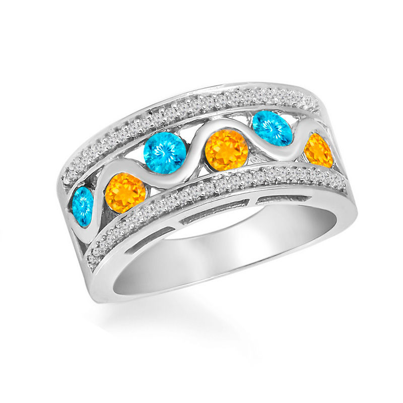 Main Image 1 of Birthstone and Diamond Accent Beaded Edge Band in Sterling Silver (6 Stones)