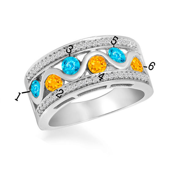 Birthstone and Diamond Accent Beaded Edge Band in Sterling Silver (6 Stones)