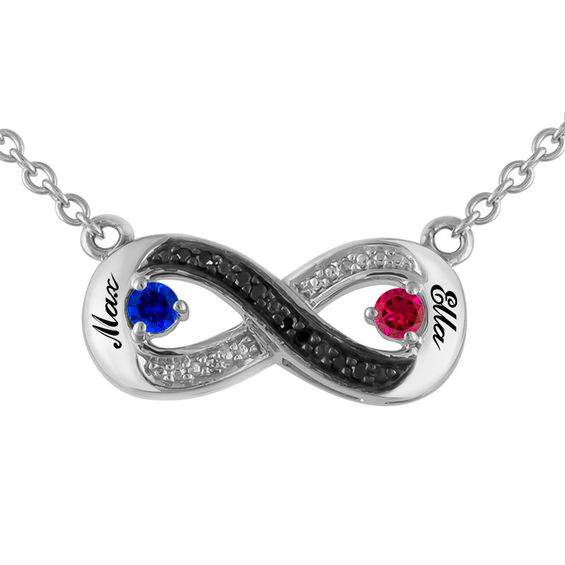 Coupleâs Birthstone and Diamond Accent Infinity Necklace in Sterling Silver (2 Stones and Names)