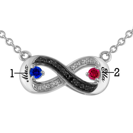 Coupleâs Birthstone and Diamond Accent Infinity Necklace in Sterling Silver (2 Stones and Names)