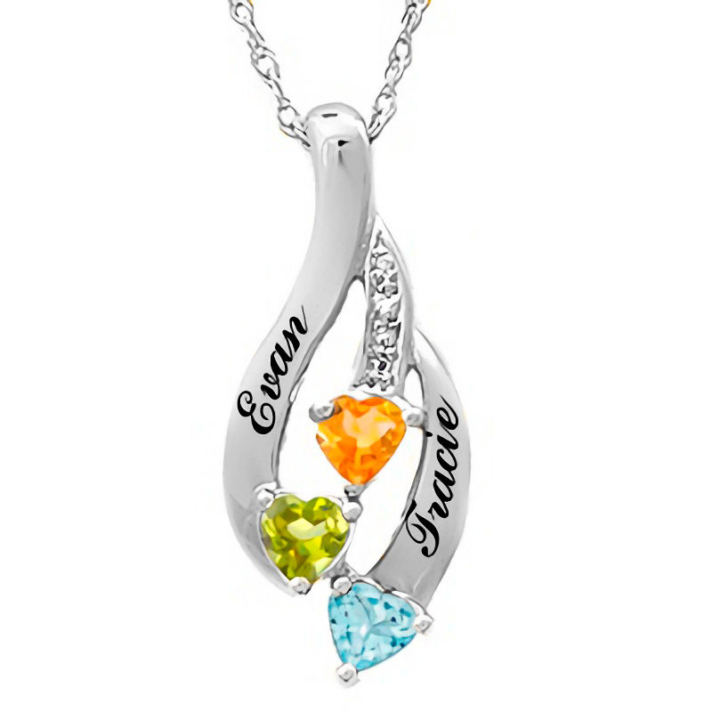 Main Image 1 of Mother's 4.0mm Heart-Shaped Birthstone and Diamond Accent Flame Pendant in 10K Gold (3 Stones and 2 Names)
