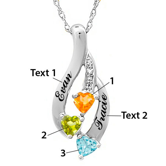 Mother's 4.0mm Heart-Shaped Birthstone and Diamond Accent Flame Pendant in 10K Gold (3 Stones and 2 Names)