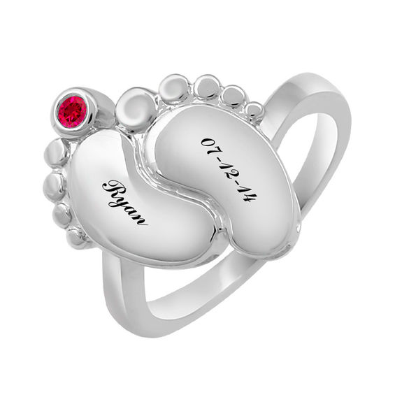 Mother's Birthstone Baby Footprints Ring in Sterling Silver (1 Stone and 2 Names)