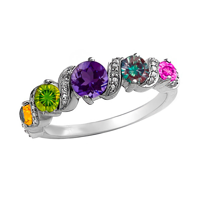 Main Image 1 of Mother's Birthstone and Diamond Accent Family Ring in Sterling Silver (5 Stones)