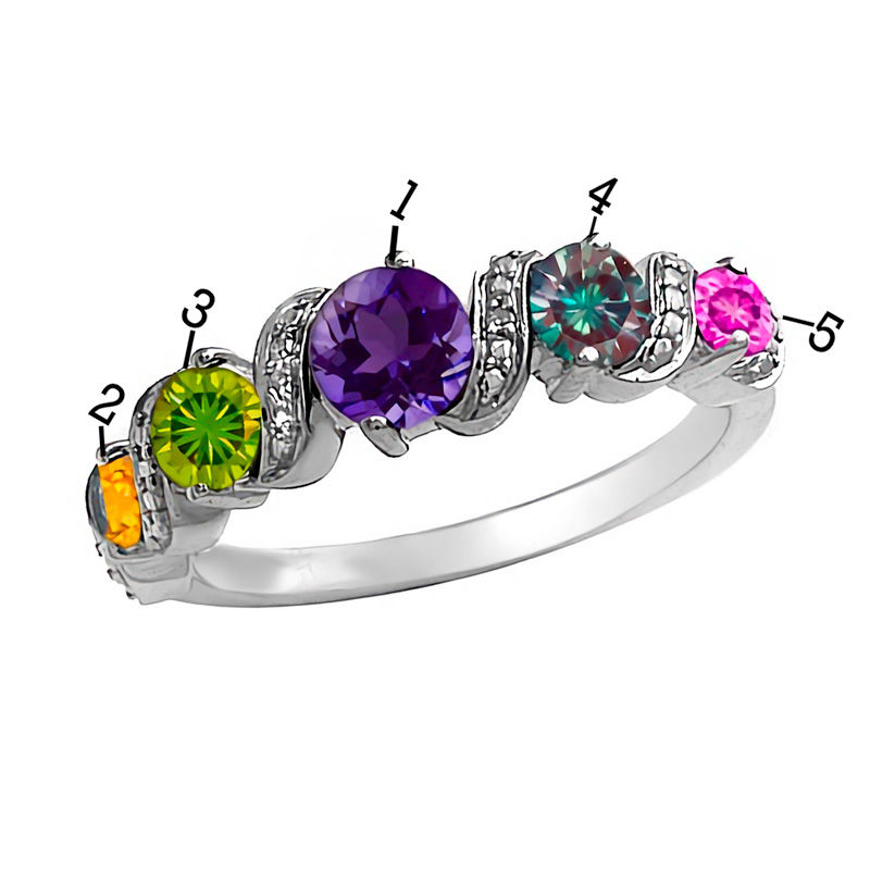 Main Image 2 of Mother's Birthstone and Diamond Accent Family Ring in Sterling Silver (5 Stones)
