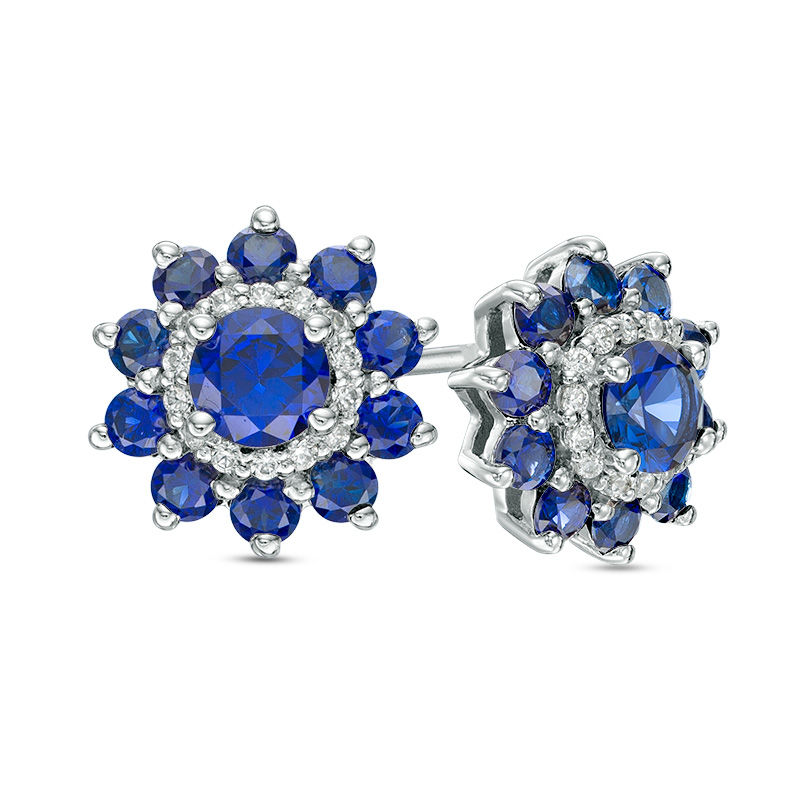 Main Image 1 of Lab-Created Blue and White Sapphire Floral Stud Earrings in 10K White Gold