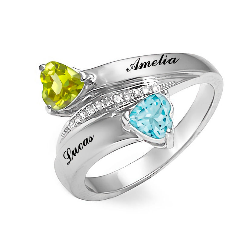 Main Image 1 of Couple's 5.0mm Heart-Shaped Birthstone and Diamond Accent Bypass Ring in Sterling Silver (2 Stones and Names)