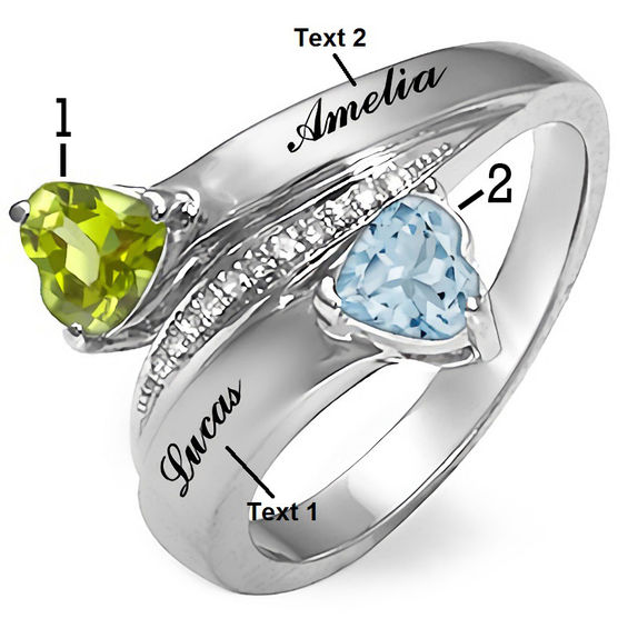 Couple's 5.0mm Heart-Shaped Birthstone and Diamond Accent Bypass Ring in Sterling Silver (2 Stones and Names)