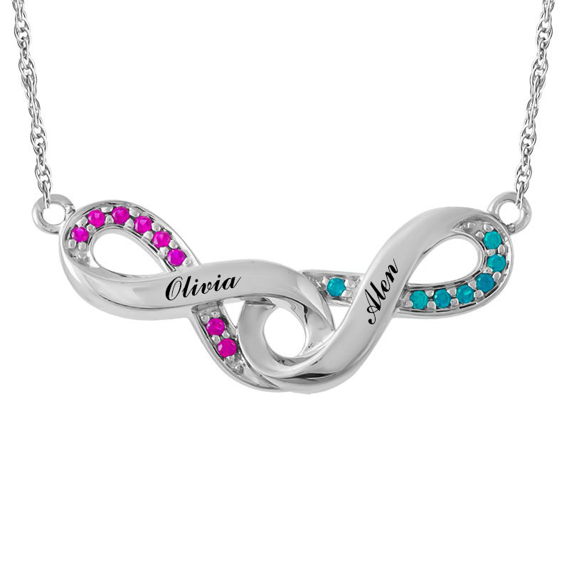 Couple's Birthstone Double Infinity Necklace in Sterling Silver (2 Stones and Names)