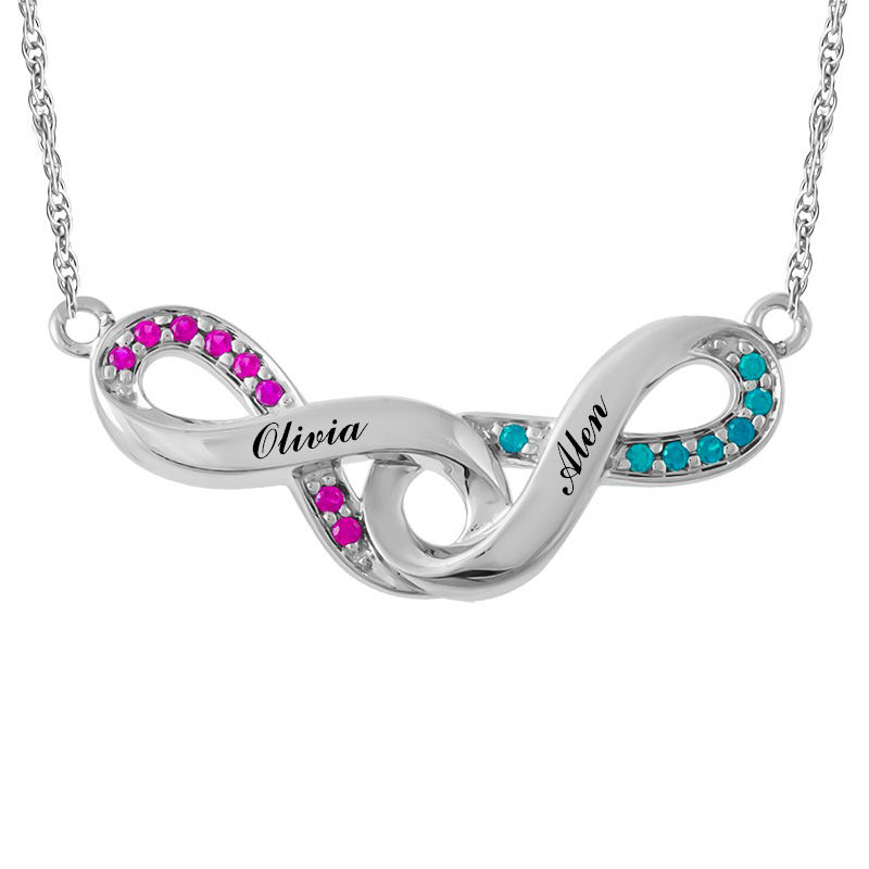 Main Image 1 of Couple's Birthstone Double Infinity Necklace in Sterling Silver (2 Stones and Names)