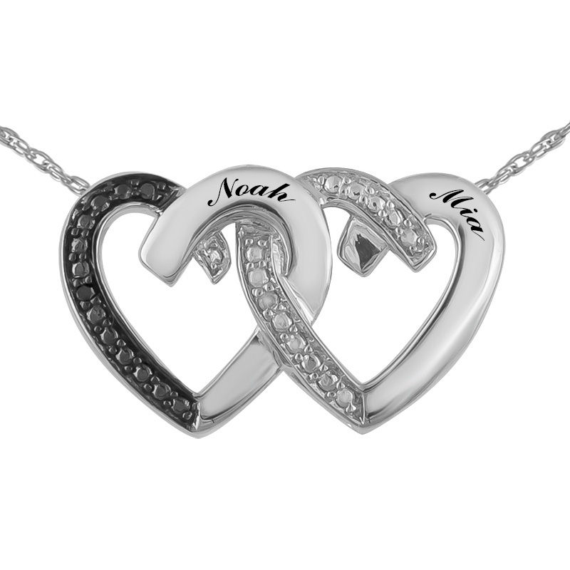 Main Image 1 of Couple's Enhanced Black and White Diamond Accent Double Heart Necklace in Sterling Silver (2 Names)